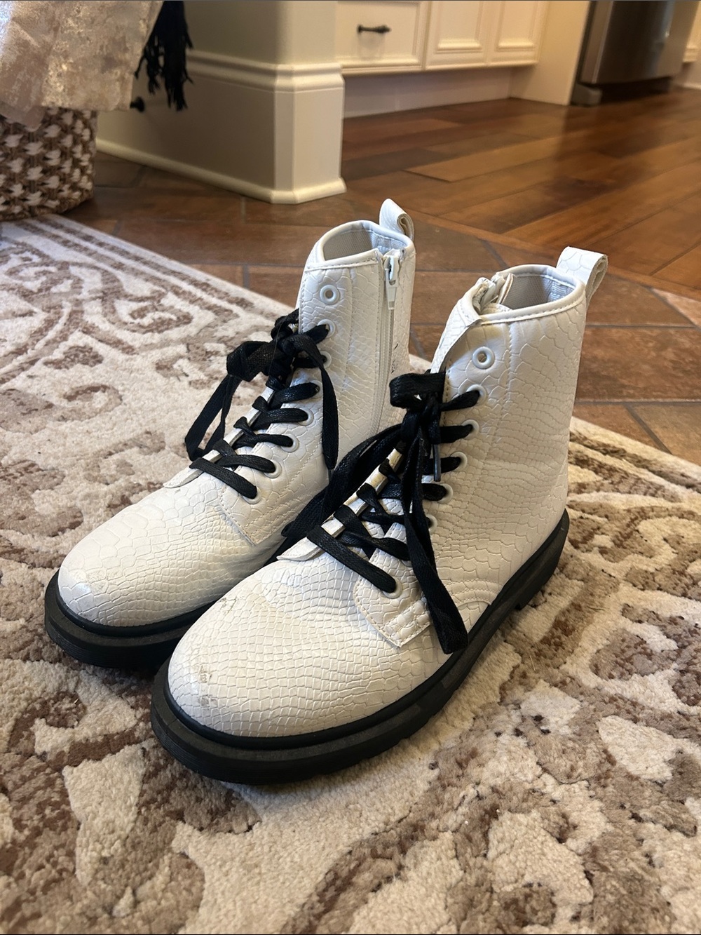 White Textured Lace-Up Womens Boots with Black Laces